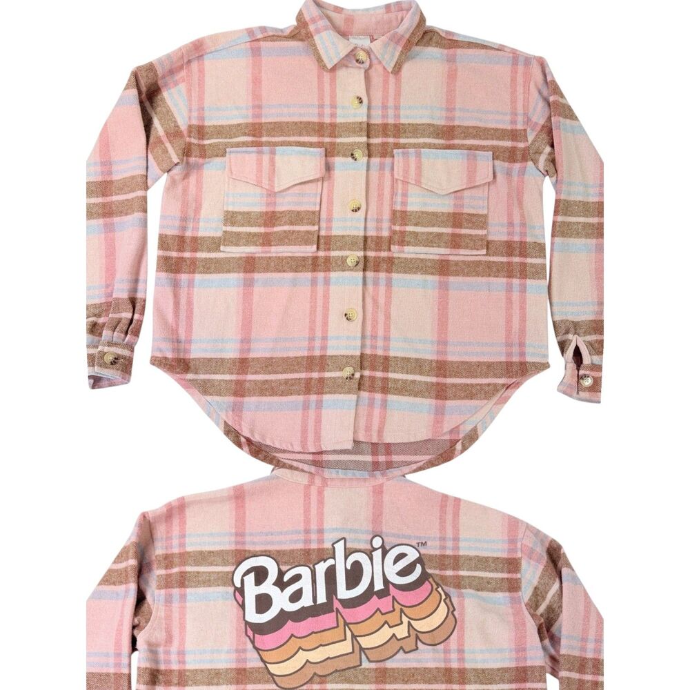 Barbiecore Shacket Pink Plaid Retro Logo Oversized Flannel Barbie Small
